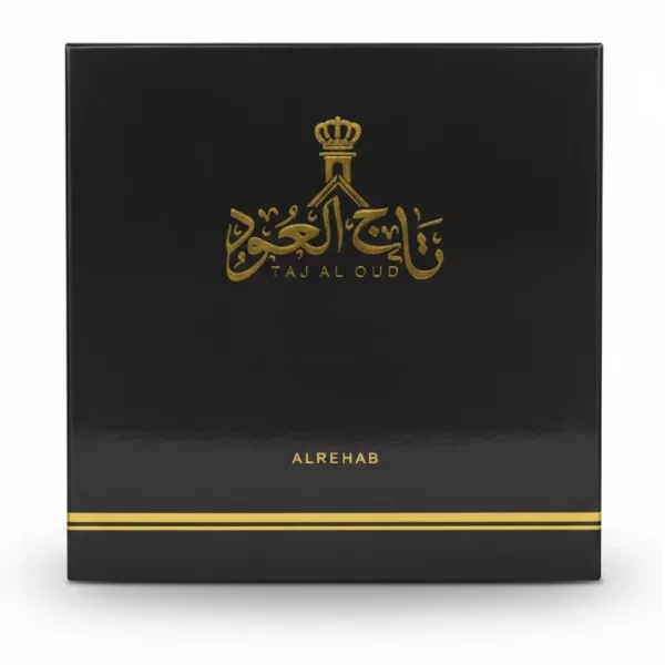 Black box with gold Arabic logo and Taj Al Oud branding