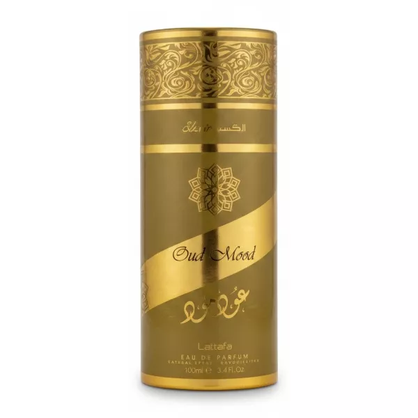 Golden cylindrical box of Lattafa Oud Mood Eau de Parfum
