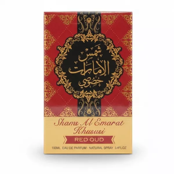 Shams Al Emarat Khususi Red Oud perfume packaging front view