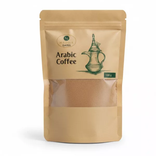 Madina Dates Arabic Coffee ground in resealable pouch front