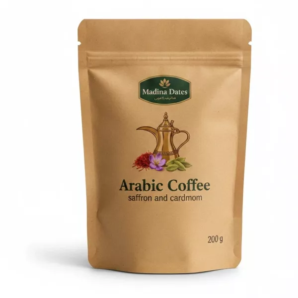 Madina Dates Arabic Coffee with saffron and cardamom in a brown resealable bag