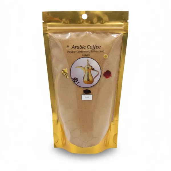 Front view of Madina Arabic Coffee powder packaging with gold resealable pouch