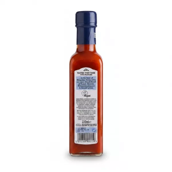 Back label of Encona West Indian Original Hot Pepper Sauce with ingredients and barcode
