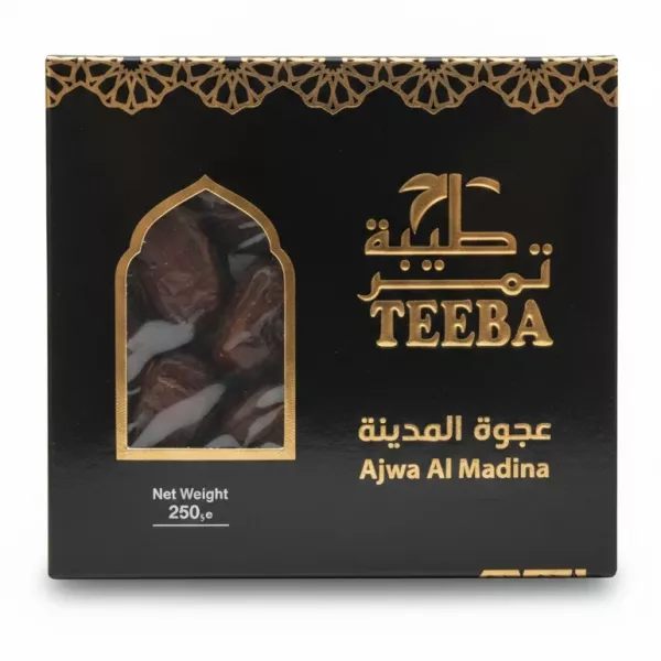 Box of Teeba Ajwa Al Madina Dates in black packaging with gold decorative elements