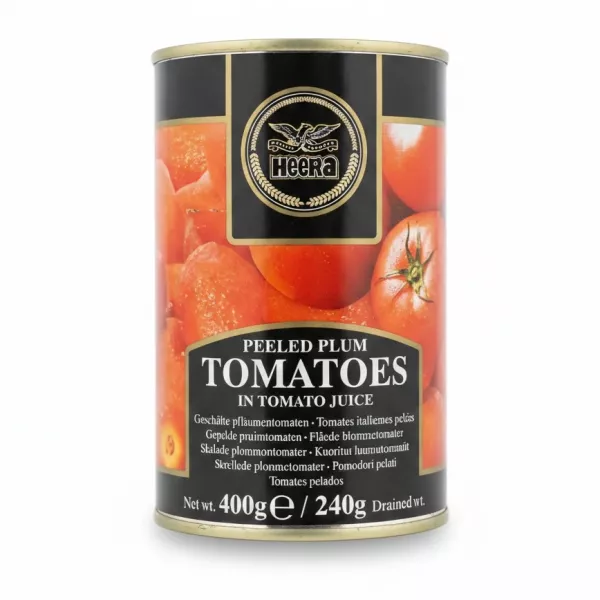Can of Heera peeled plum tomatoes in tomato juice showing front label