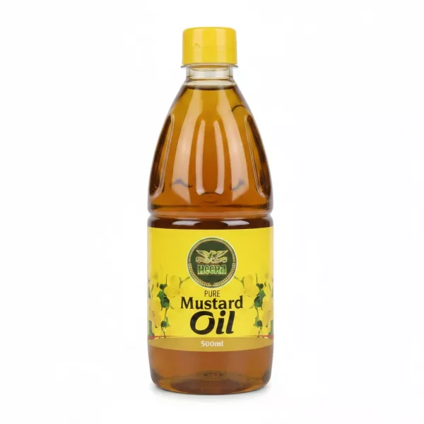 Bottle of Heera Pure Mustard Oil with yellow label and cap