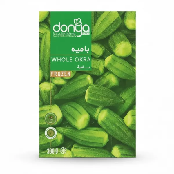 Pack of frozen whole okra by Donya Foods showing fresh green okra pieces