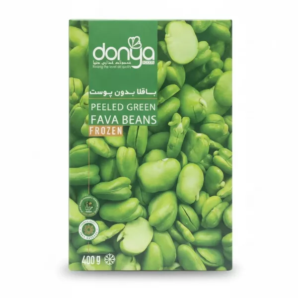 Box of Donya peeled green frozen fava beans front view