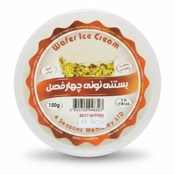 Top view of 4 Seasons wafer ice cream in plastic tub showing product label