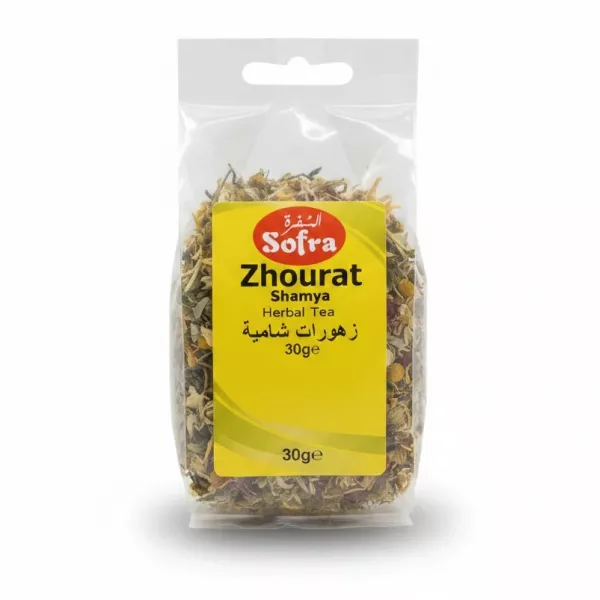 Sofra Zhourat Shamya Herbal Tea front packaging with yellow label