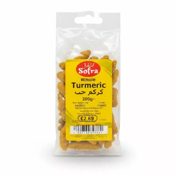 Sofra brand pack of whole turmeric roots showing label and contents