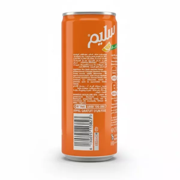 Back view of Slim Orange soda can showing ingredients and barcode