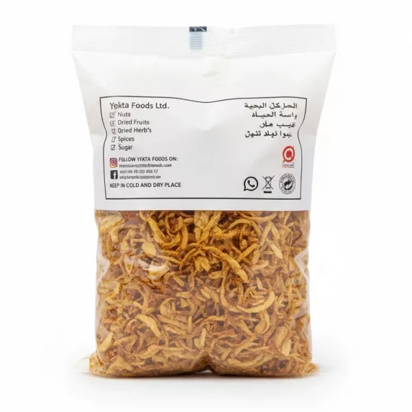 back view of Yekta Foods fried onions packaging with product details