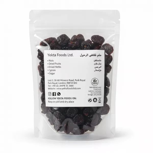 Back view of Yekta Foods dried sour cherry pack showing brand info and storage instructions