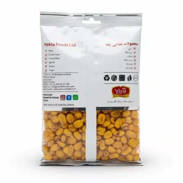 back of Yekta Foods chilli lemon corn snack pack showing ingredients and company info