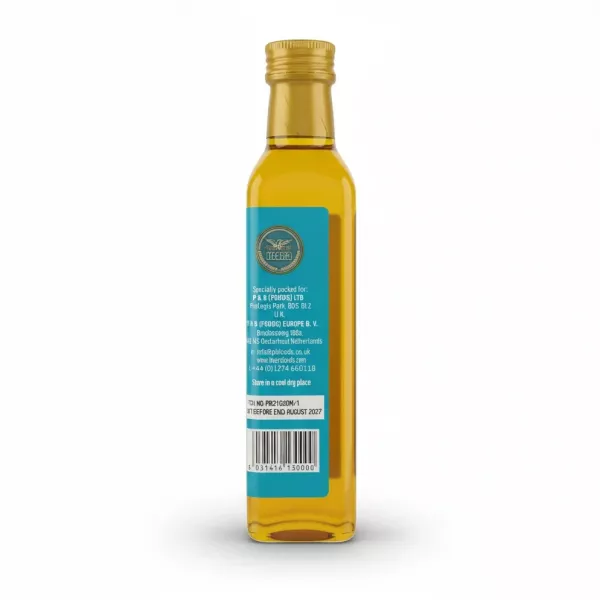 Back label of Heera Alsi Oil bottle with storage instructions and contact info
