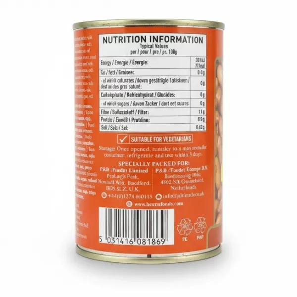 Nutrition information and barcode on Heera canned Rosecoco beans