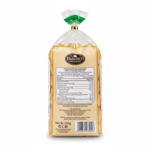 Backside view of Damasco Bakkerij Tea Sticks packaging with ingredients and nutritional info