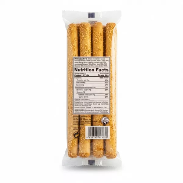 Faidon breadsticks with sesame seeds back packaging showing ingredients and nutrition