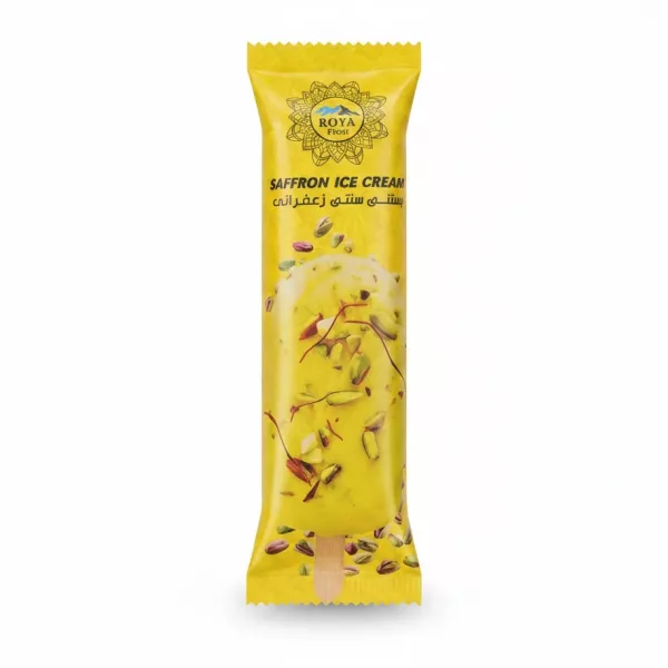 Roya Frost saffron ice cream stick with pistachio pieces in yellow packaging