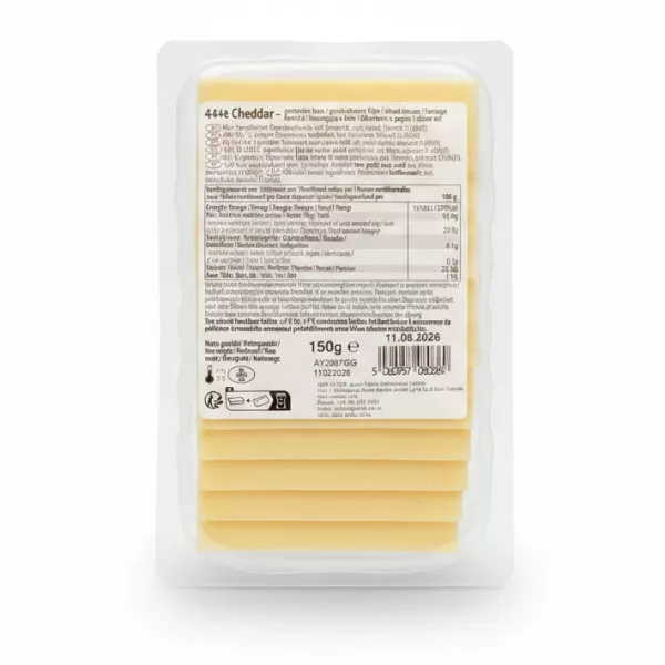 Back of cheddar cheese slices packaging with nutritional info