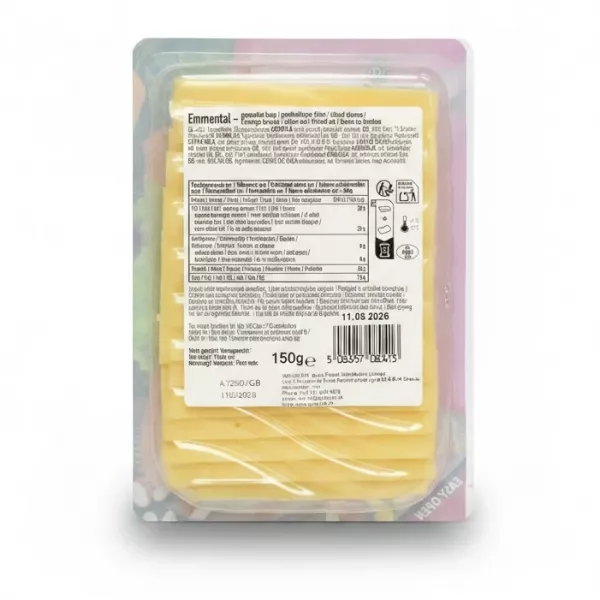 Back view of Aytac Emmental Cheese Slices packaging showing nutritional information and ingredients