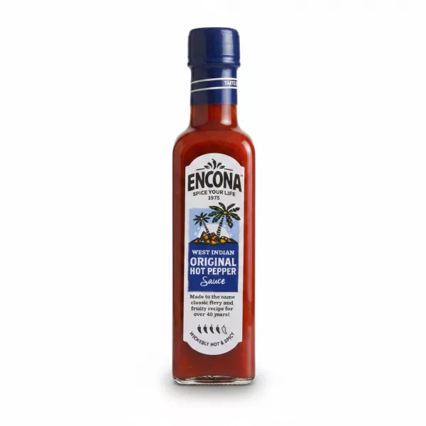 Bottle of Encona West Indian Original Hot Pepper Sauce front label showing spicy pepper illustration
