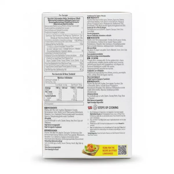 Back of Shan Tandoori Masala box showing nutrition, ingredients and cooking steps