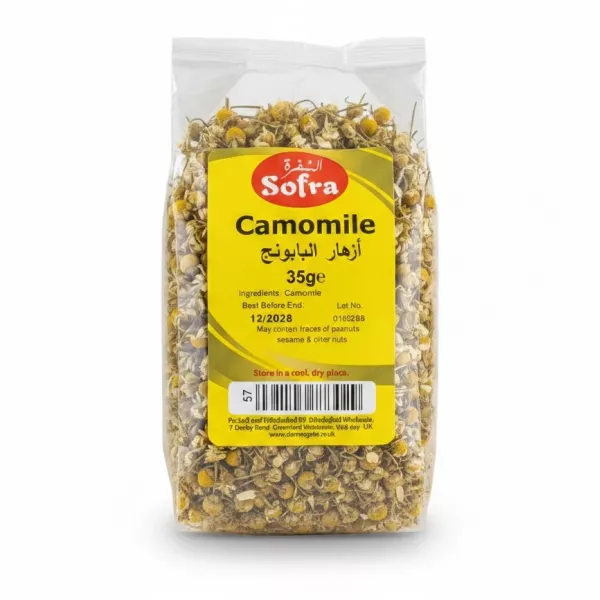 Clear package of dried camomile flowers with yellow label