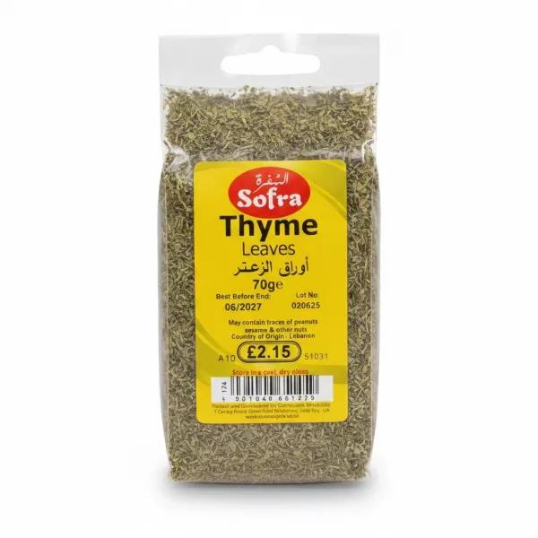 Package of Sofra brand dried thyme leaves in a clear resealable bag