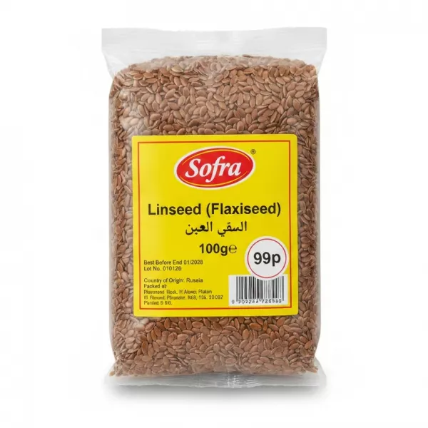pack of Sofra brand Linseed (Flaxseed) 100g in transparent plastic bag with yellow label