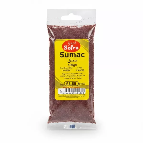 packet of Sofra brand powdered sumac spice with yellow label