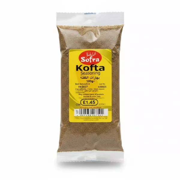 Sofra brand Kofta seasoning packet with yellow label showing ingredients and price