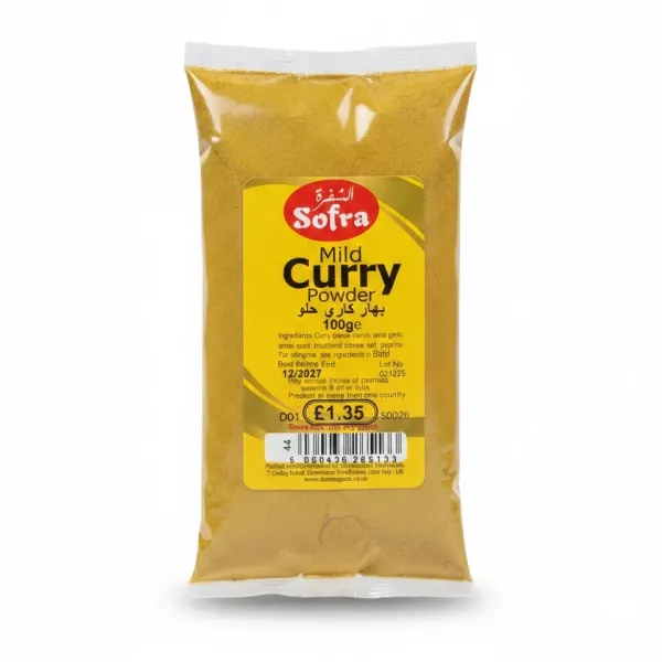 Pack of Sofra Mild Curry Powder in clear plastic packaging with yellow label