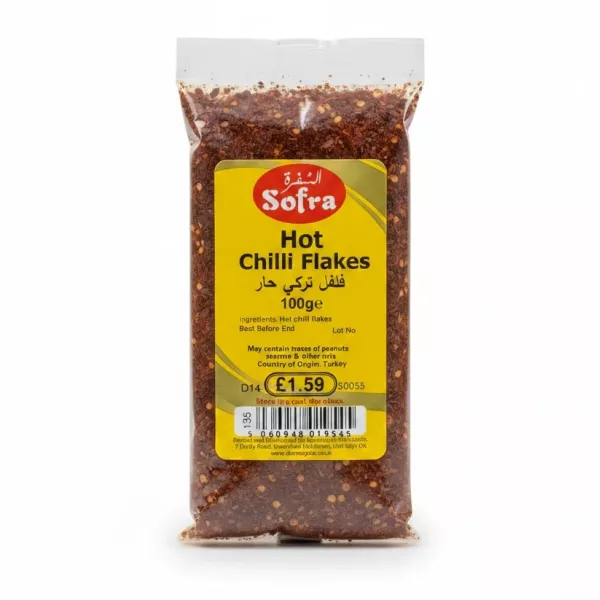 Sofra Hot Chilli Flakes pack showing label and red spicy flakes
