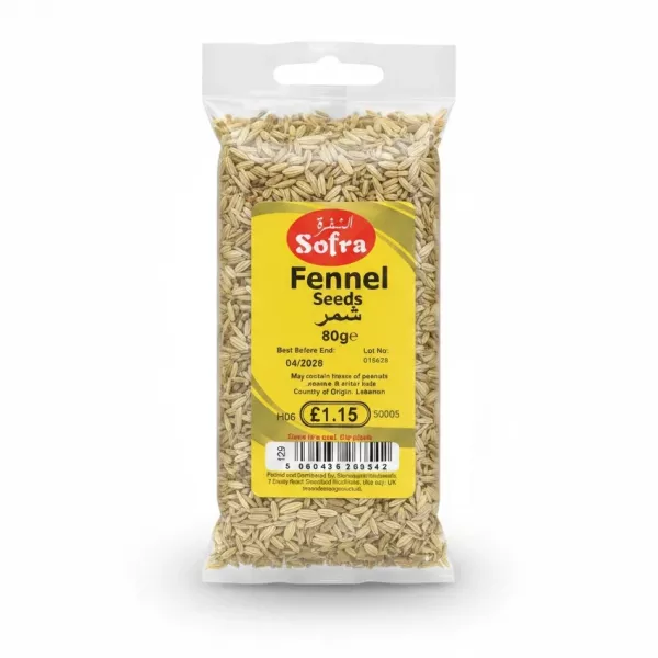 Pack of Sofra Fennel Seeds showing clear packaging with yellow label