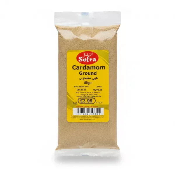 Sofra Ground Cardamom in yellow labelled clear plastic bag showing front