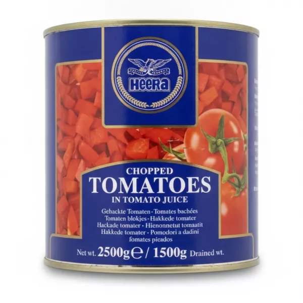 Heera brand chopped tomatoes can with red diced tomatoes visible on label