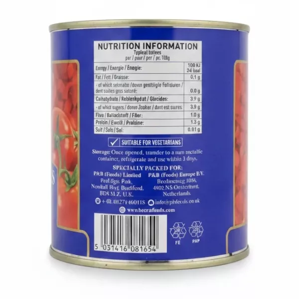 Nutrition information and barcode on Heera chopped tomatoes can