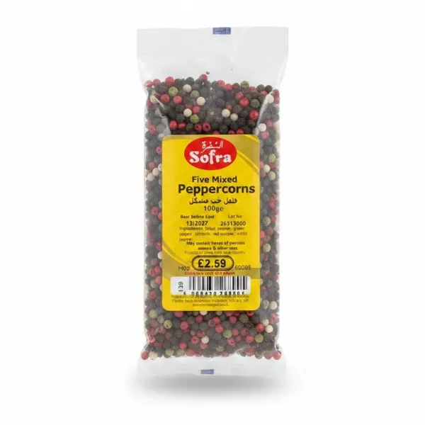 Sofra Five Mixed Peppercorns 100g resealable pack front view with colourful peppercorns