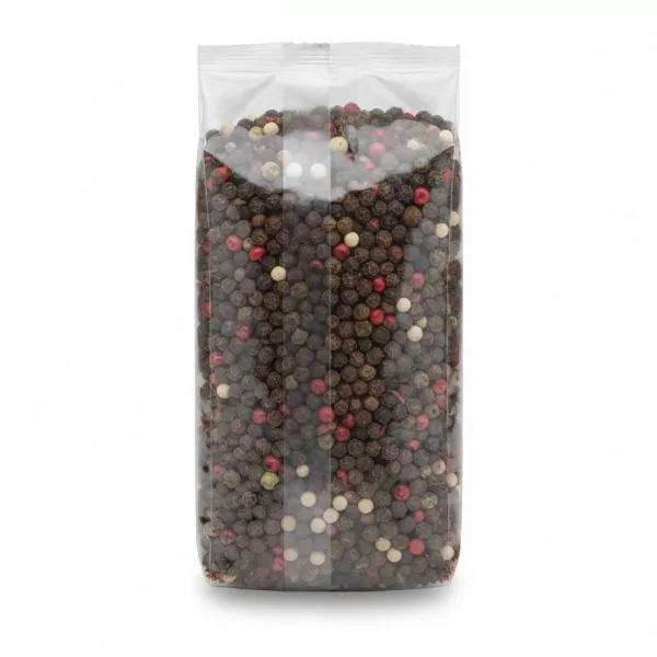 Clear back view of Sofra Five Mixed Peppercorns 100g showing black, green, red, white peppercorns