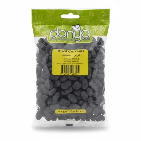 Pack of Doniya Foods dried currants in clear bag with green top