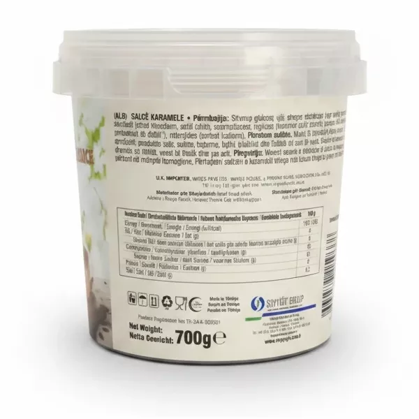 Nutritions facts and ingredient list on Kent Boringer caramel flavoured sauce tub