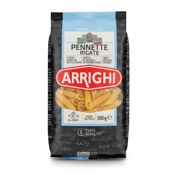 Front view of Arrighi Pennette Rigate pasta 500g pack