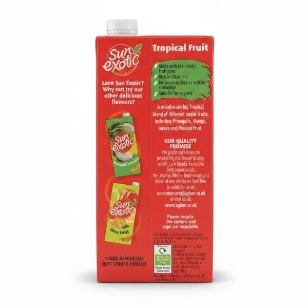 Sun Exotic Tropical Fruit Juice carton side with product information