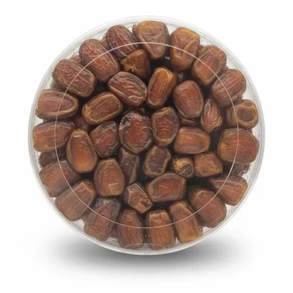 Top view of Sukari Rutab Dates packed in a round plastic tub