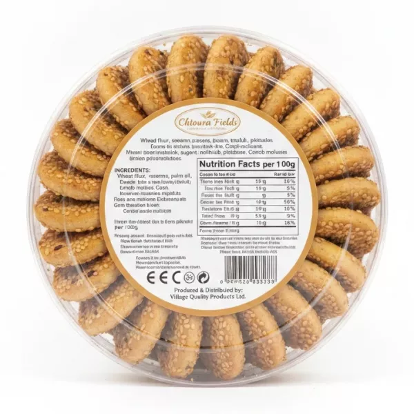 Chtoura Fields Barazek Shamiya biscuit pack back view with ingredients and nutrition