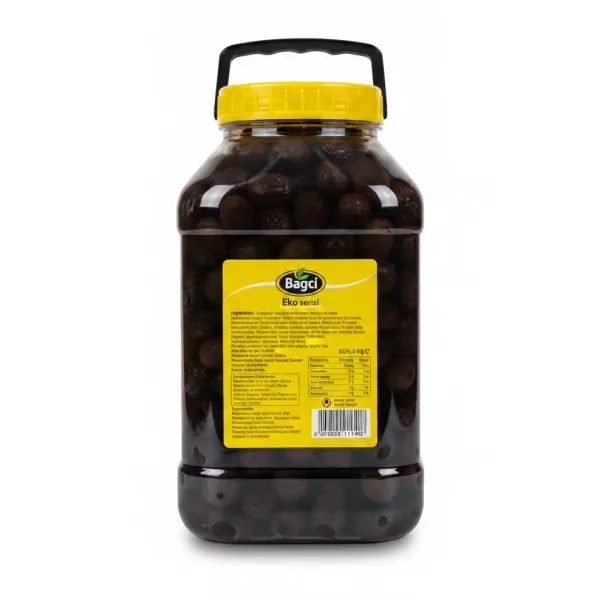 Back of Bagci Gemlik black olives jar showing ingredients, barcode, and product details