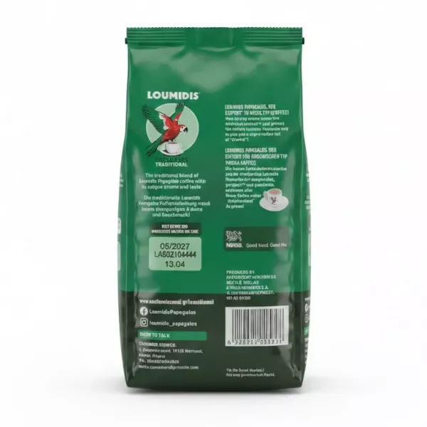 Back of Loumidis Papagalos coffee package showing product information