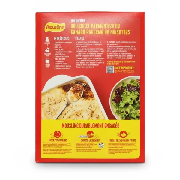 Back of Mousline instant mashed potato box showing ingredients and recipe instructions